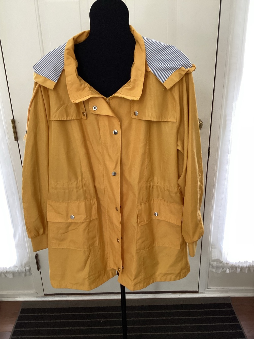 Bloggerlove yellow rain jacket with striped blue lining